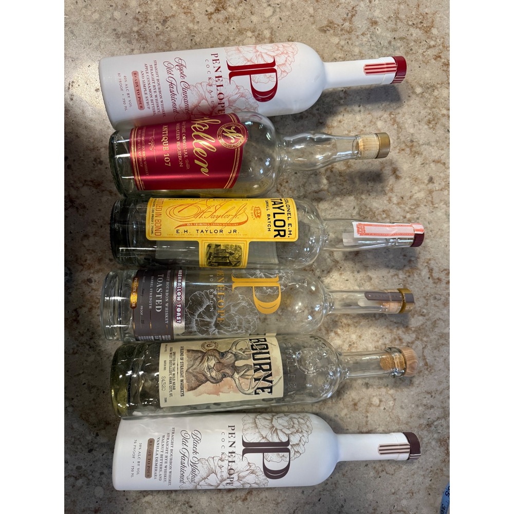 Lot of 6 Empty Bourbon Whiskey Bottles Weller EH Taylor Penelope High West 750ml